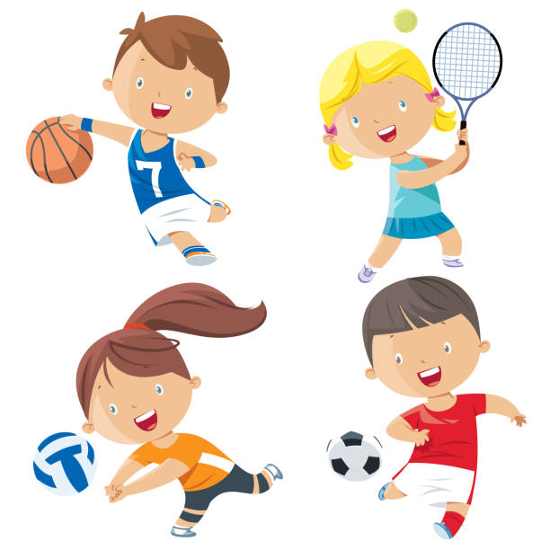 cartoon kids sports characters - girls volleyball stock illustrations