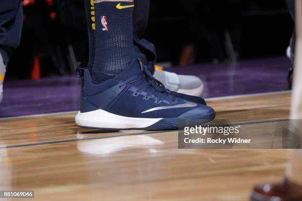 The sneakers belonging to Juan Hernangomez of the Denver Nuggets in a game against the Sacramento Kings on November 20, 2017 at Golden 1 Center in...