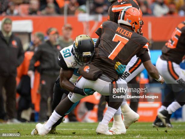 Linebacker Telvin Smith of the Jacksonville Jaguars sacks quarterback DeShone Kizer of the Cleveland Browns in the first quarter of a game on...