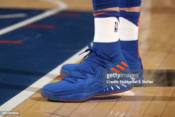 The sneakers of Kristaps Porzingis of the New York Knicks during the game against the Portland Trail Blazers on November 27, 2017 at Madison Square...