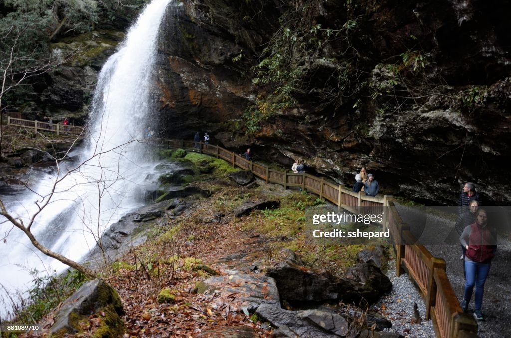 Tourists enjoying Dry Falls near Highlands North Carolina