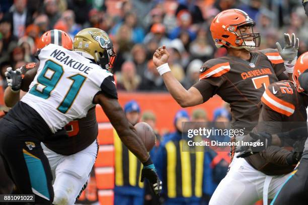 Defensive end Yannick Ngakoue of the Jacksonville Jaguars forces a fumble on quarterback DeShone Kizer of the Cleveland Browns in the first quarter...