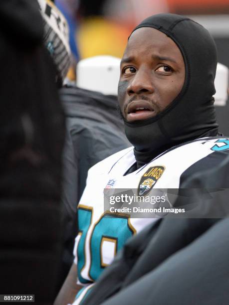 Safety Tashaun Gipson of the Jacksonville Jaguars watches the action from the sideline in the first quarter of a game on November 19, 2017 against...