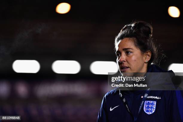 Fara Williams of England looks on prior to the FIFA Women's World Cup Qualifier between England and Kazakhstan at Weston Homes Community Stadium on...