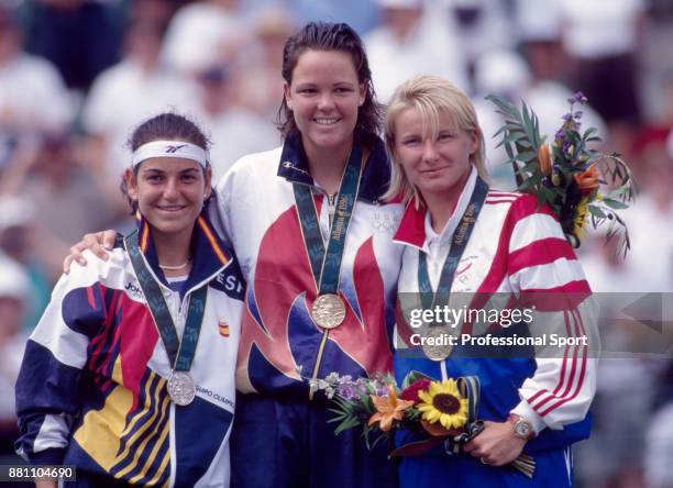 The medal winners in the Women's Singles event, Arantxa Sanchez Vicario of Spain , Lindsay Davenport of the USA and Jana Novotna of the Czech...