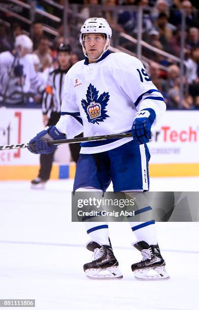 Chris Mueller of the Toronto Marlies watches the play develop against the Belleville Senators during AHL game action on November 25, 2017 at Air...