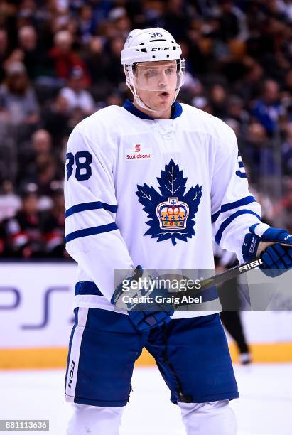 Colin Greening of the Toronto Marlies prepares for a face-off against the Belleville Senators during AHL game action on November 25, 2017 at Air...