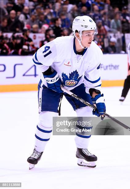 Dmytro Timashov of the Toronto Marlies prepares for a face-off against the Belleville Senators during AHL game action on November 25, 2017 at Air...