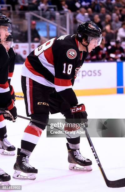 Gabriel Gagne of the Belleville Senators prepares for a face-off against the Toronto Marlies during AHL game action on November 25, 2017 at Air...