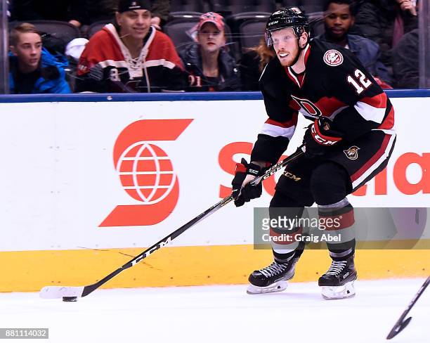 Jack Rodewald Belleville Senators controls the puck against the Toronto Marlies during AHL game action on November 25, 2017 at Air Canada Centre in...