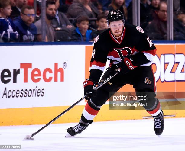 Jack Rodewald of the Belleville Senators controls the puck against the Toronto Marlies during AHL game action on November 25, 2017 at Air Canada...