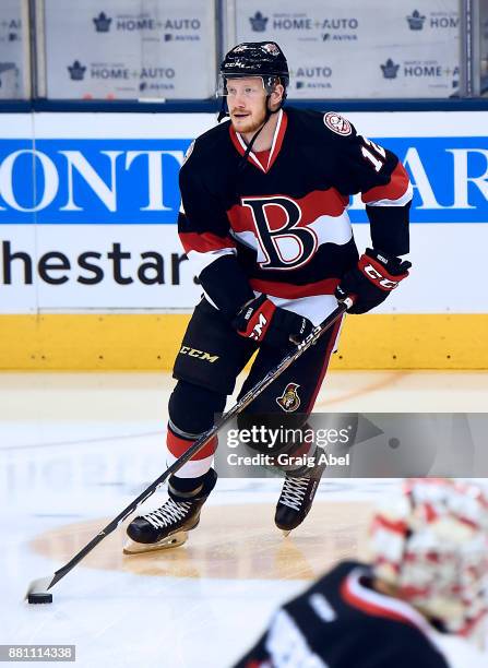 Jack Rodewald of the Belleville Senators skates in warmup prior to a game against the Toronto Marlies on November 25, 2017 at Air Canada Centre in...