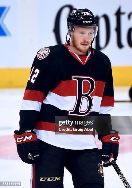 Jack Rodewald of the Belleville Senators skates in warmup prior to a game against the Toronto Marlies on November 25, 2017 at Air Canada Centre in...