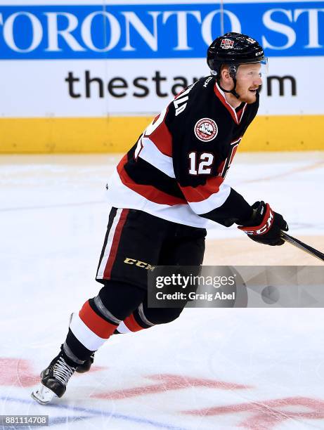 Jack Rodewald of the Belleville Senators skates in warmup prior to a game against the Toronto Marlies on November 25, 2017 at Air Canada Centre in...