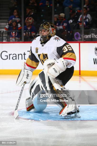 Oscar Dansk of the Vegas Golden Knights skates against the New York Islanders at Barclays Center on October 30, 2017 in New York City. New York...