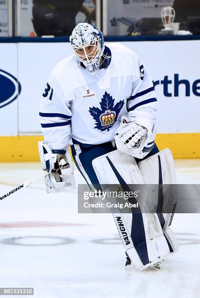 Calvin Pickard of the Toronto Marlies skates in warmup prior to a game against the Belleville Senators on November 25, 2017 at Air Canada Centre in...