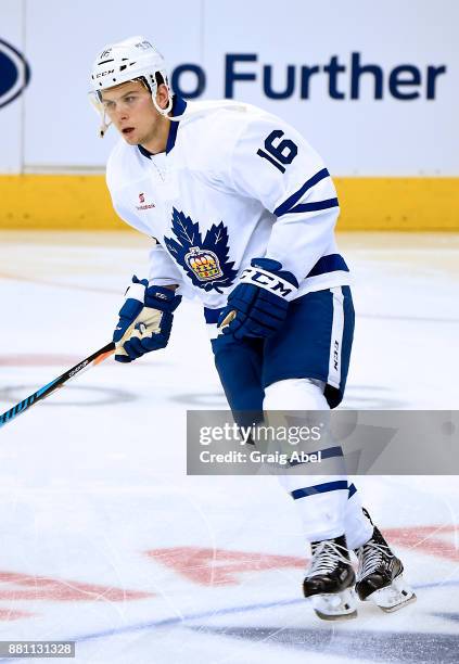 Kerby Rychel of the Toronto Marlies skates in warmup prior to a game against the Belleville Senators on November 25, 2017 at Air Canada Centre in...