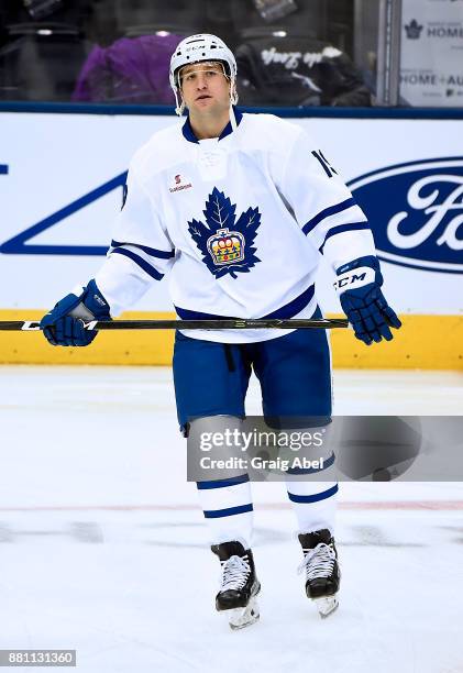Chris Mueller of the Toronto Marlies skates in warmup prior to a game against the Belleville Senators on November 25, 2017 at Air Canada Centre in...