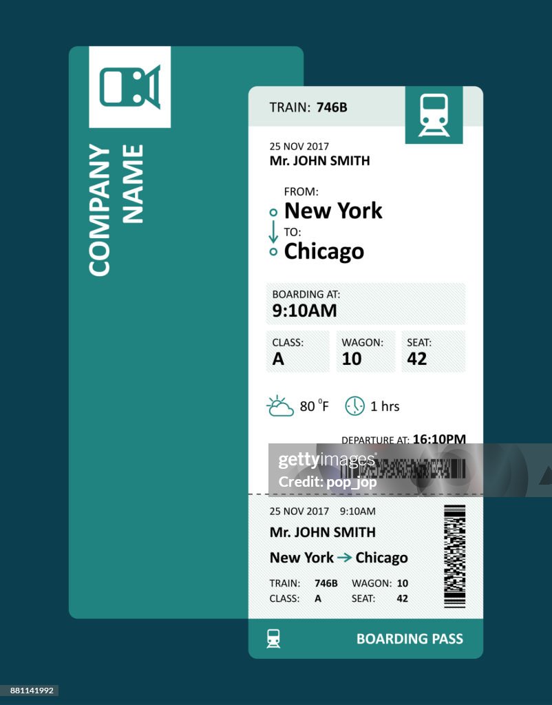Railway Ticket or Boarding Pass for Travelling by Train - Vector Illustration