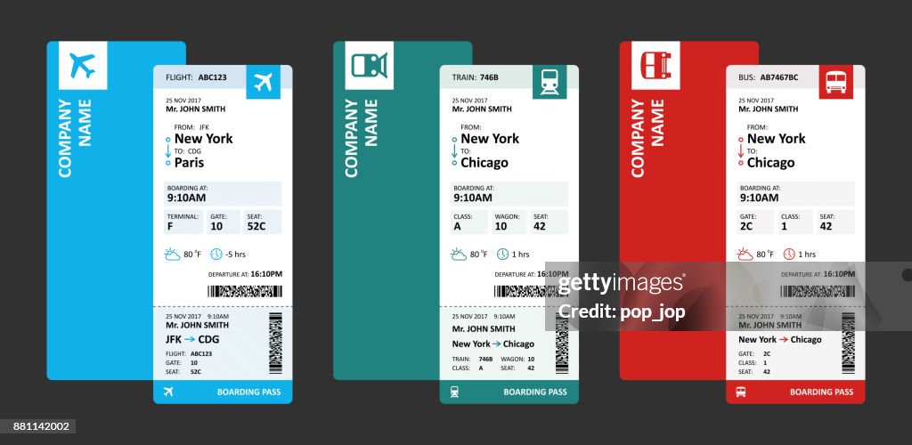 Airline, Railway and Bus Tickets or Boarding Passes for Travelling - Vector Illustration