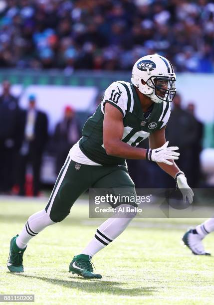 Jermaine Kearse of the New York Jets in action against the Carolina Panthers during their game at MetLife Stadium on November 26, 2017 in East...
