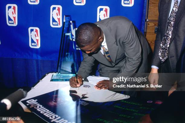 Joe Dumars of the Detroit Pistons is presented the NBA Sportsmanship Award circa 1997 at the Palace of Auburn Hills in Auburn Hills, Michigan. NOTE...