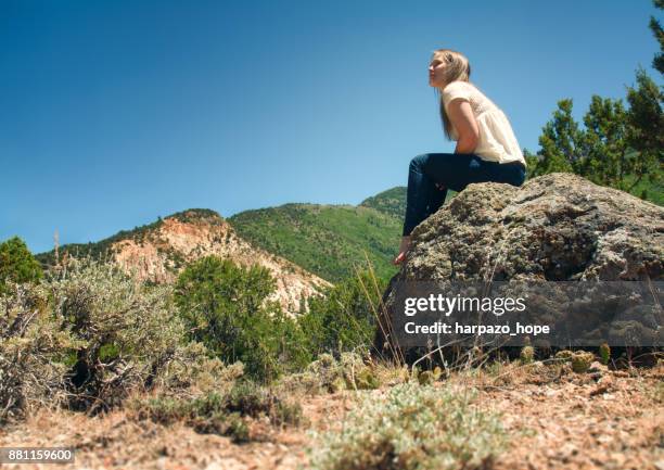 woman sitting on a boulder enjoying nature. - harpazo hope stock pictures, royalty-free photos & images