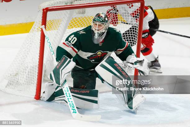 Devan Dubnyk of the Minnesota Wild defends his goal against the New Jersey Devils during the game at the Xcel Energy Center on November 20, 2017 in...