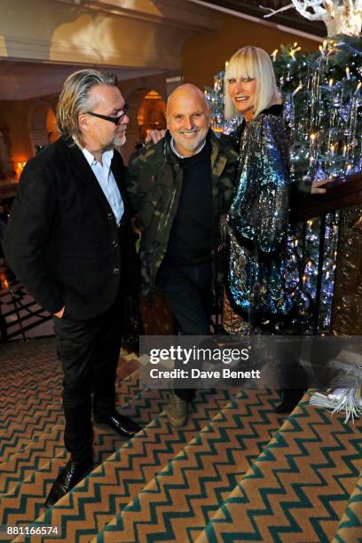 David Downton, Sam McKnight and Virginia Bates attend Claridge's Christmas Tree Party 2017, designed by Karl Lagerfeld, on November 28, 2017 in...