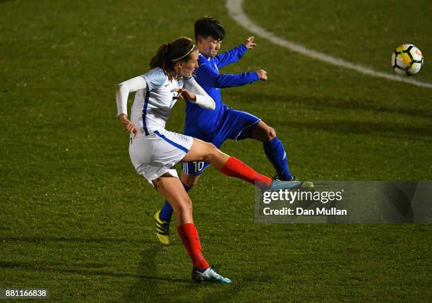 Jill Scott of England shoots during the FIFA Women's World Cup Qualifier between England and Kazakhstan at Weston Homes Community Stadium on November...