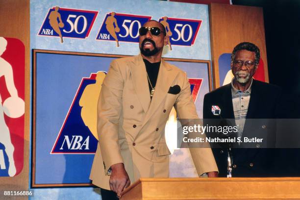 Legend Wilt Chamberlain speaks during a press conference to announce the 50 Greatest Players in NBA History on October 29, 1996 in Secaucus, New...