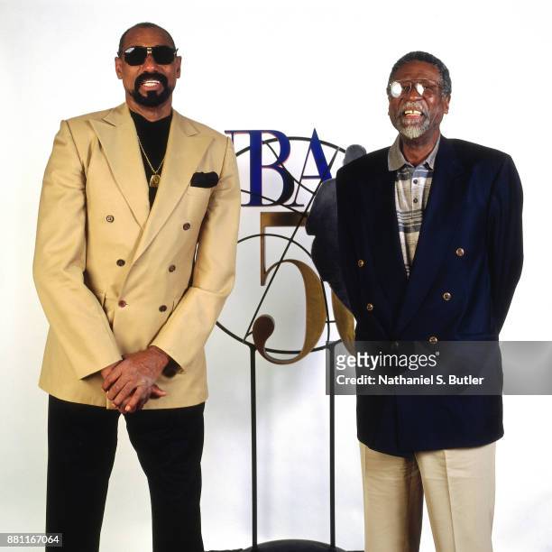 Wilt Chamberlain and Bill Russell poses for a photo during a press conference to announce the 50 Greatest Players in NBA History on October 29, 1996...