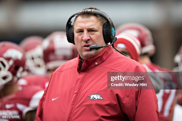 Head Coach Bret Bielema of the Arkansas Razorbacks on the sidelines during a game against the Mississippi State Bulldogs at Razorback Stadium on...