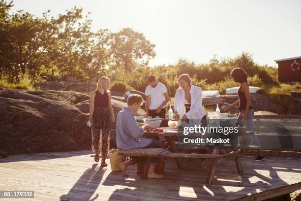 young multi-ethnic friends at picnic table during summer - preparazione al parto foto e immagini stock