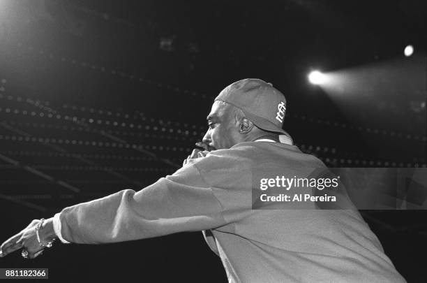 Rapper Tupac Shakur performs 'Out on Bail' onstage at the Madison Square Garden’s Paramount Theater during the first Source Awards on April 25, 1994...