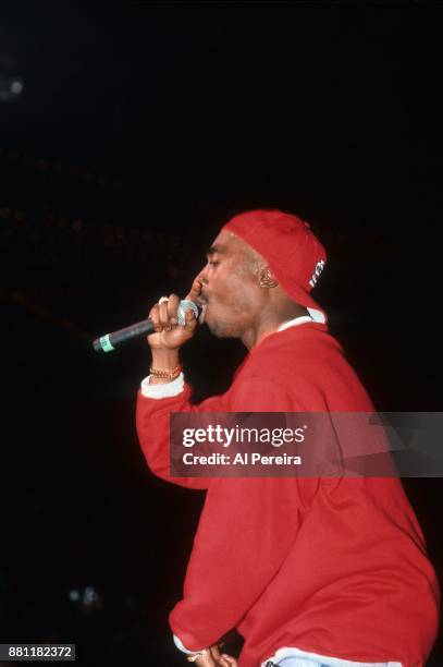 Rapper Tupac Shakur performs 'Out on Bail' onstage at the Madison Square Garden’s Paramount Theater during the first Source Awards on April 25, 1994...