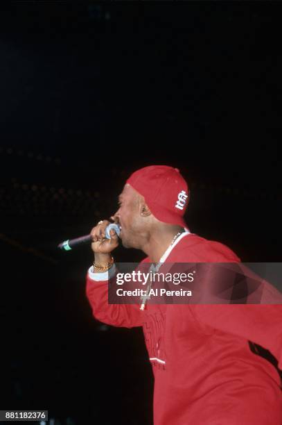 Rapper Tupac Shakur performs 'Out on Bail' onstage at the Madison Square Garden’s Paramount Theater during the first Source Awards on April 25, 1994...