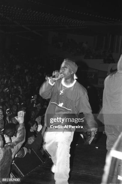 Rapper Tupac Shakur performs 'Out on Bail' onstage at the Madison Square Garden’s Paramount Theater during the first Source Awards on April 25, 1994...