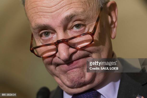 Senate Minority Leader Chuck Schumer, Democrat of New York, speaks to the media about his decision not to attend a meeting with US President Donald...