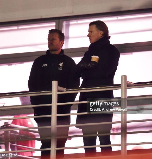 Steve McManaman ex player of Liverpool with Alex Inglethorpe Academy director during the U18 Premier League match between Liverpool U18 and...