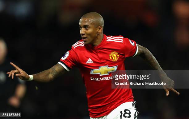 Ashley Young of Manchester United celebrates scoring the 2nd goal during the Premier League match between Watford and Manchester United at Vicarage...