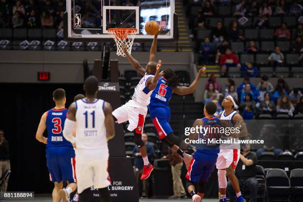 Milton Doyle of the Long Island Nets drives to the basket during an NBA G-League game against the Grand Rapid Drive on November 28, 2017 at Nassau...