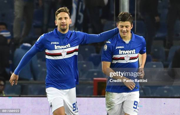 Dawid Kownacki and Gaston Ramirez after scored goal 1-0 during the Tim Cup match between UC Sampdoria and Pescara Calcio at Stadio Luigi Ferraris on...