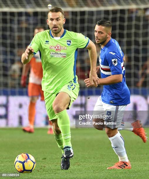 Hugo Campagnaro and Gianluca Caprari during the Tim Cup match between UC Sampdoria and Pescara Calcio at Stadio Luigi Ferraris on November 28, 2017...