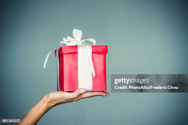 womans hand holding wrapped gift - gift box tag stock-fotos und bilder
