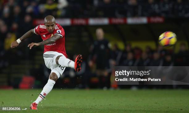 Ashley Young of Manchester United scores their second goal during the Premier League match between Watford and Manchester United at Vicarage Road on...