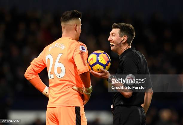 Karl Darlow of Newcastle United speaks with Referee, Lee Probert during the Premier League match between West Bromwich Albion and Newcastle United at...