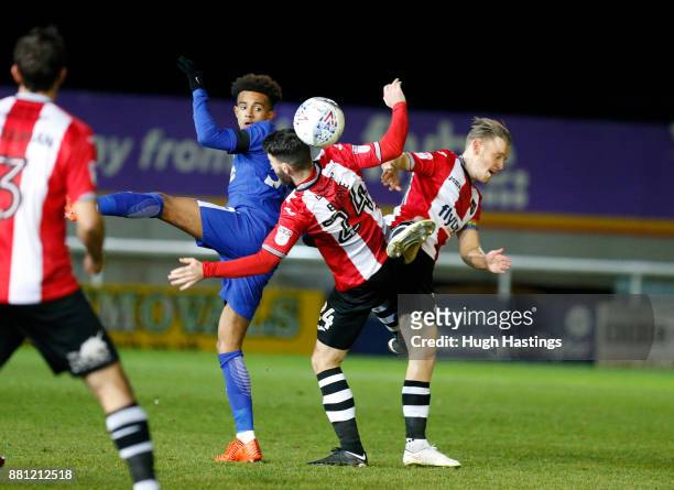 Chelsea's Jacob Maddox in action during the Checkatrade Trophy match between Exeter City and Chelsea U21 at St James' Park on November 28, 2017 in...