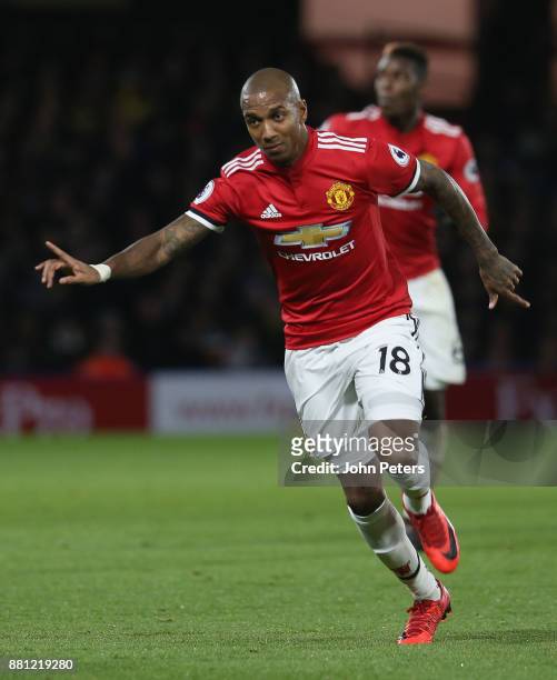 Ashley Young of Manchester United celebrates scoring their first goal during the Premier League match between Watford and Manchester United at...