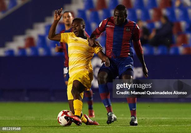 El Hacen of Levante competes for the ball with Marlos Moreno of Girona during the Copa del Rey, Round of 32, Second Leg match between Levante and...